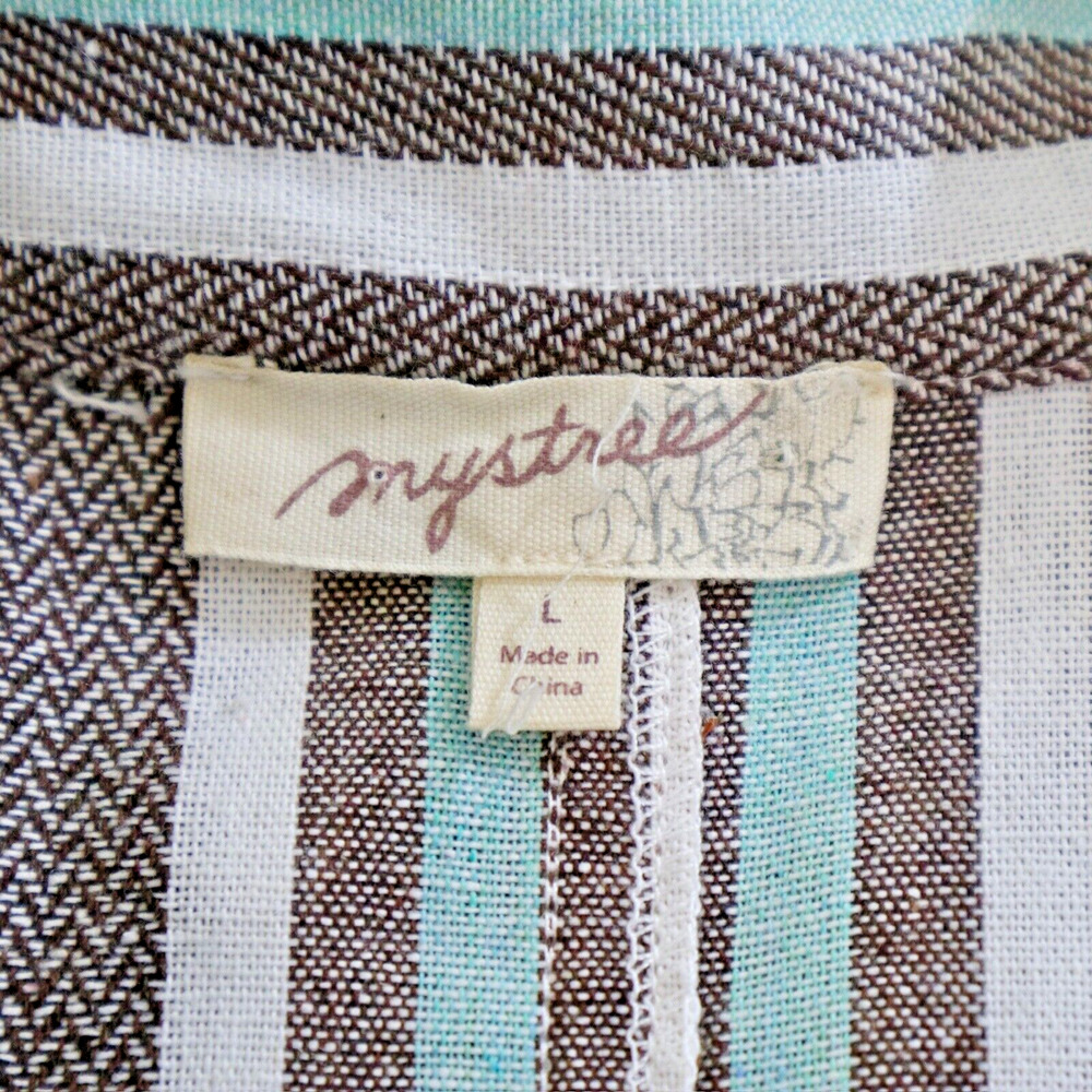 Mystree Size L Linen Blend Jacket Long Sleeve Striped Blue Gray Brown - Picture 12 of 13
